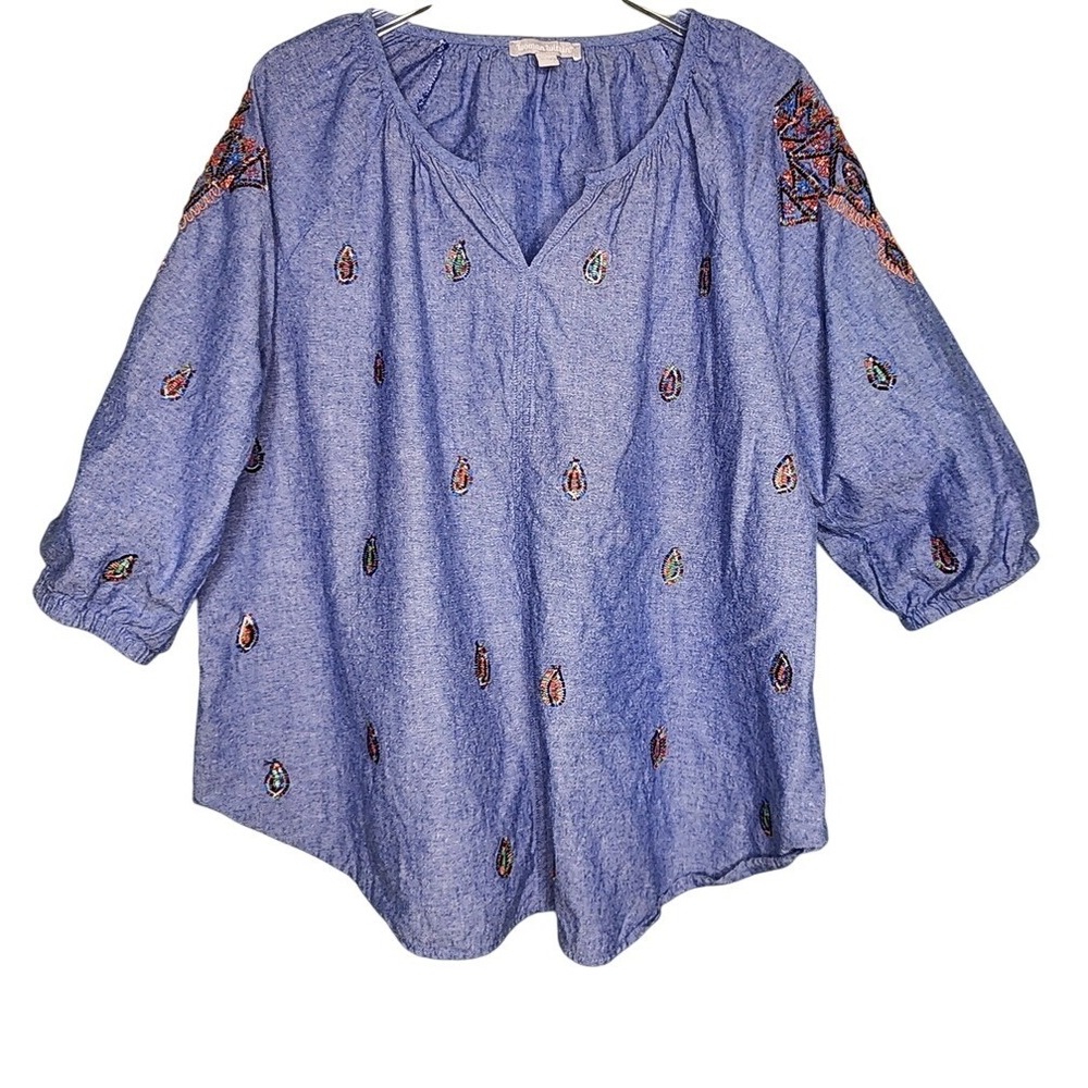 Woman Within Peasant Embroidered Beaded Blue Top Boho Chambray Balloon‎ Sleeve